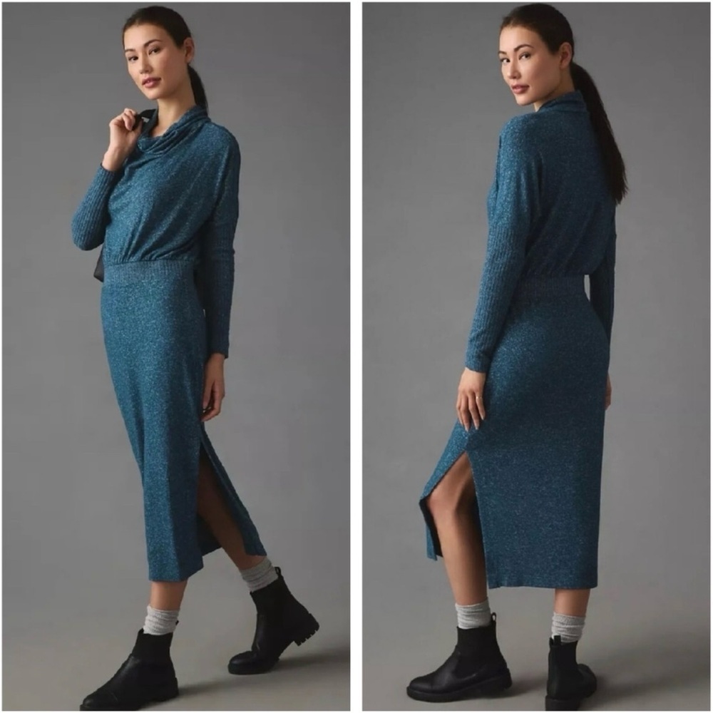 NWT Anthropologie Daily Practice Arabella Drapey Blue Long Sleeve Knit Dress - Picture 2 of 6